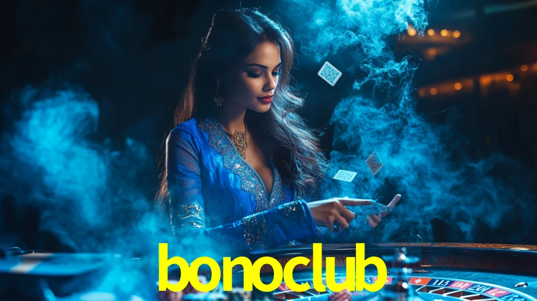 Escena dinámica inspirada en casino con iluminación bonoclub, cartas, fichas e íconos de juegos digitales en un espacio moderno de juegos.