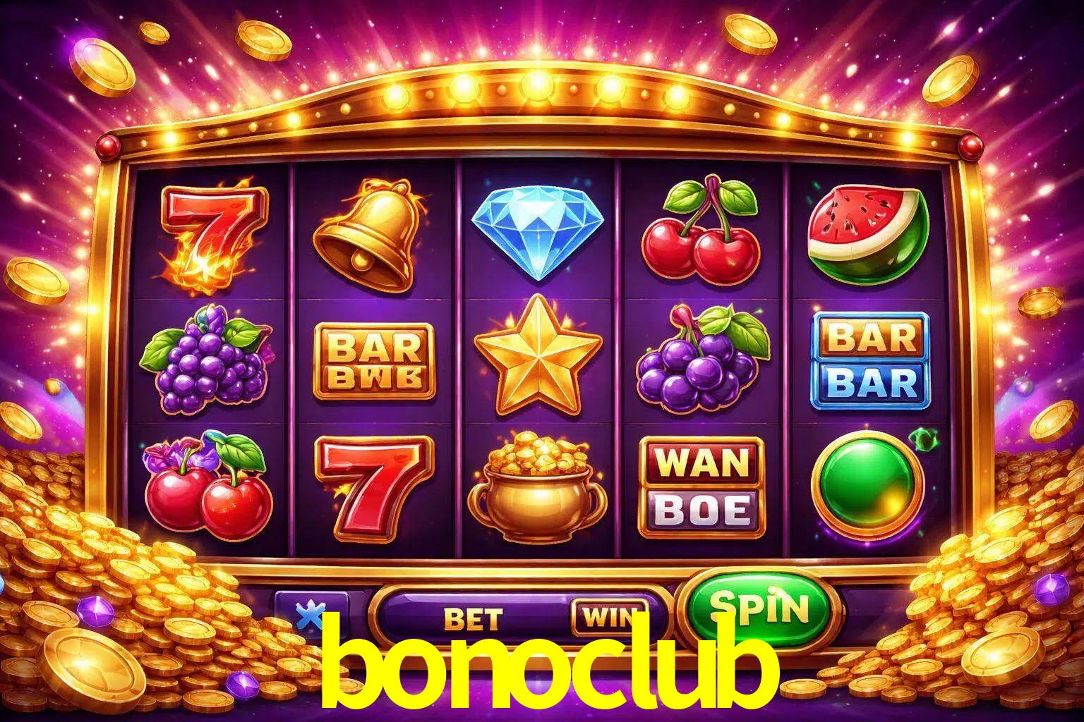 Una interfaz colorida de tragamonedas en línea con símbolos brillantes, monedas y un efecto de victoria celebratoria en bonoclub.