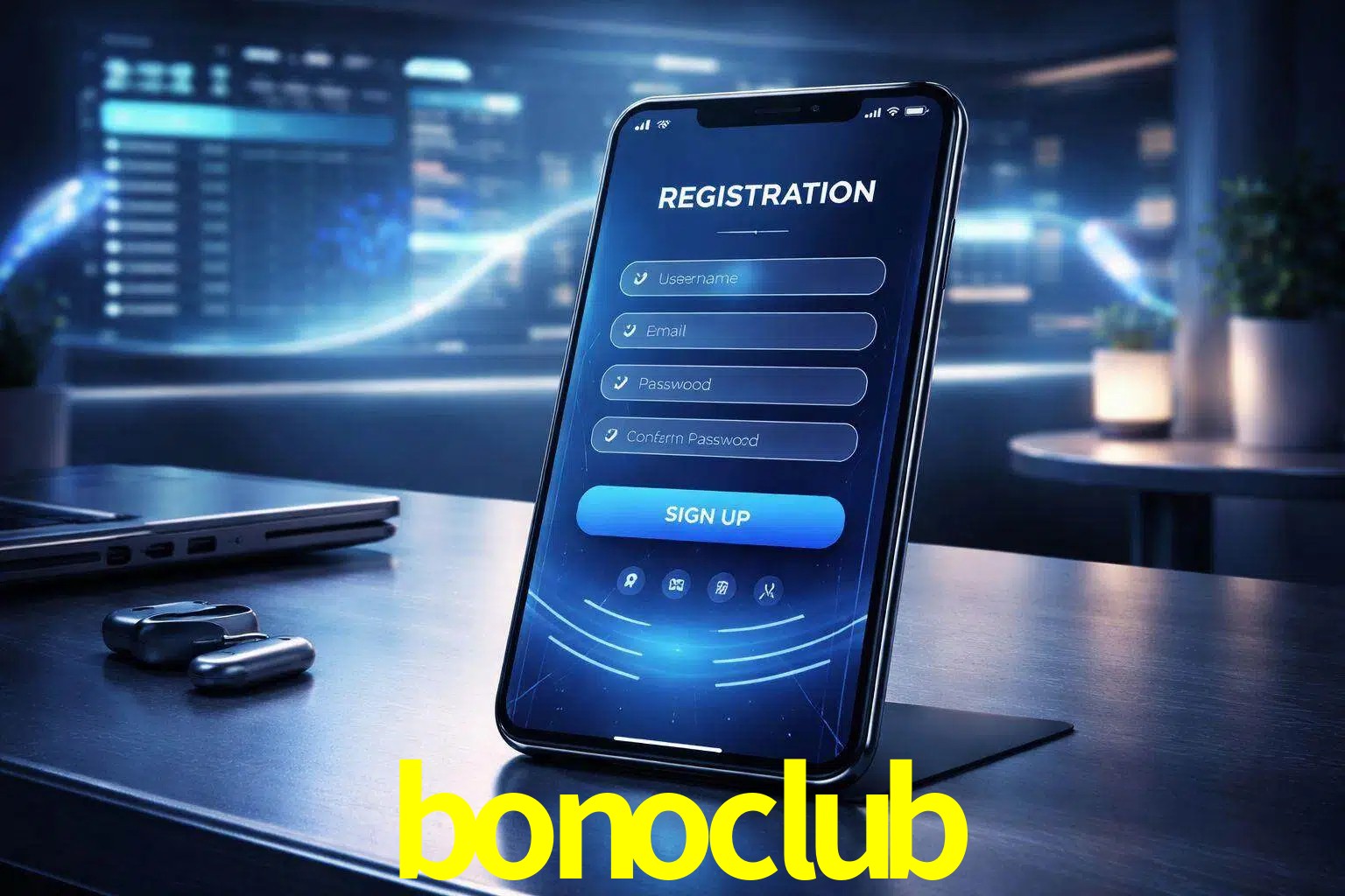 Una interfaz moderna de registro móvil para bonoclub mostrada en un smartphone con un panel de apuestas elegante.